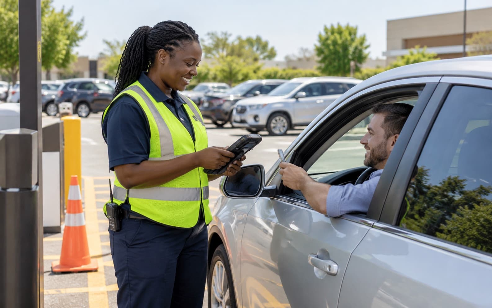 A parking attendant in a safety vest welcoming a driver at a lot entrance.