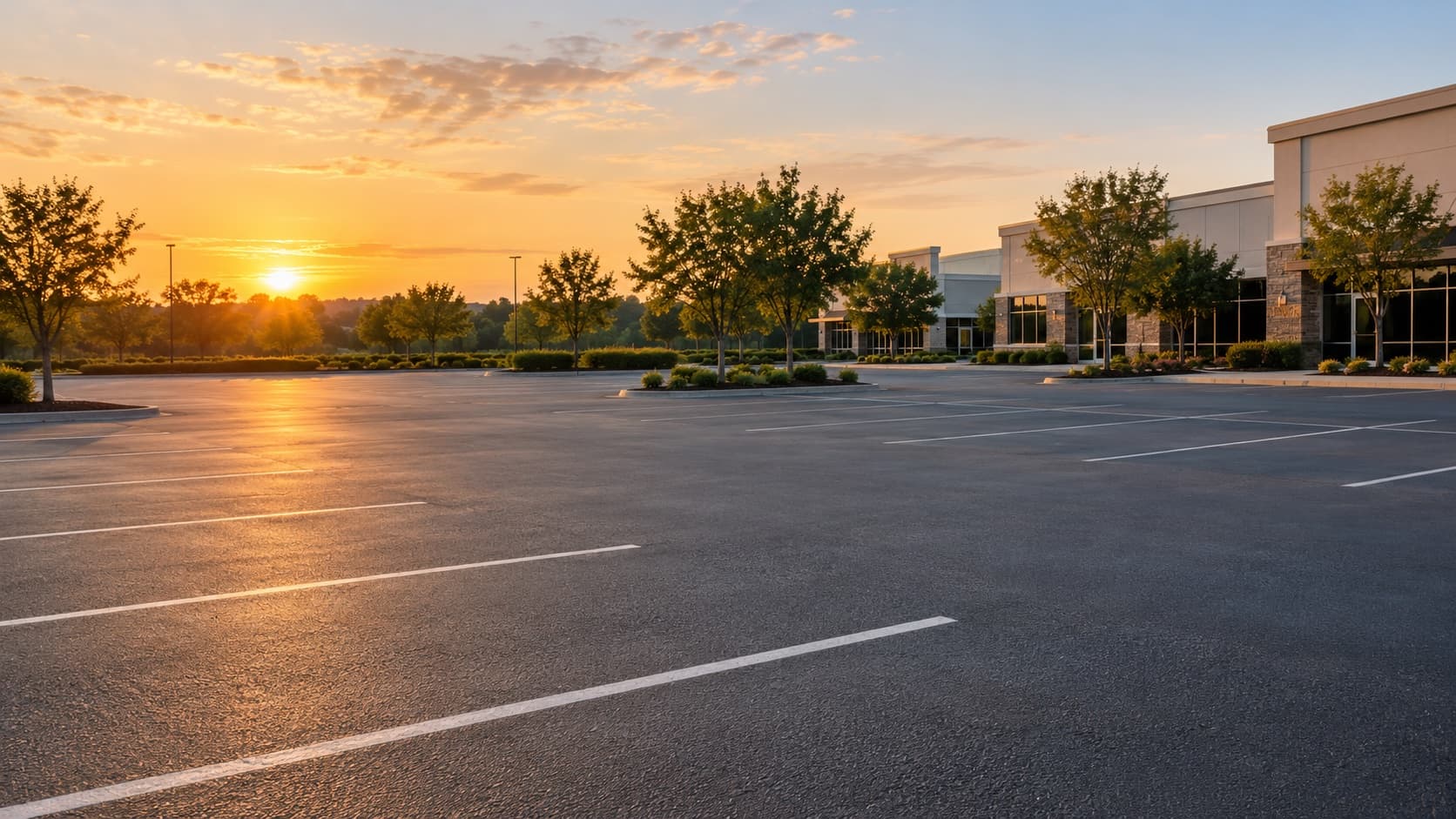An open paved parking lot beside commercial buildings in warm evening light.
