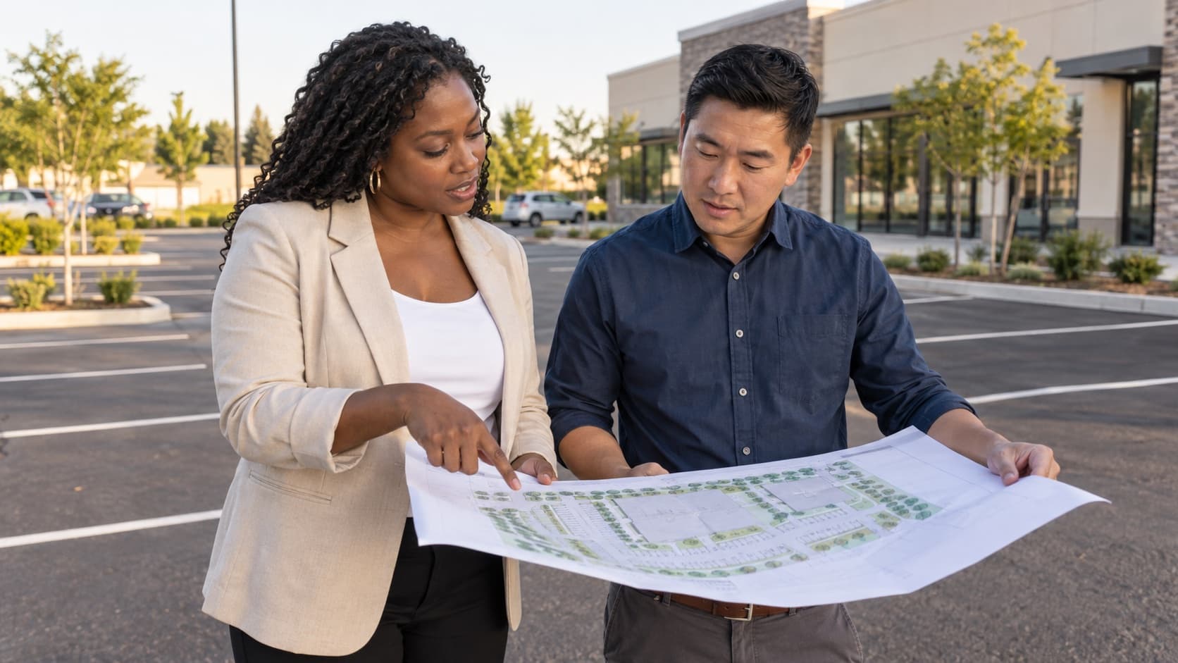 Two property partners reviewing a site plan together at a parking lot.